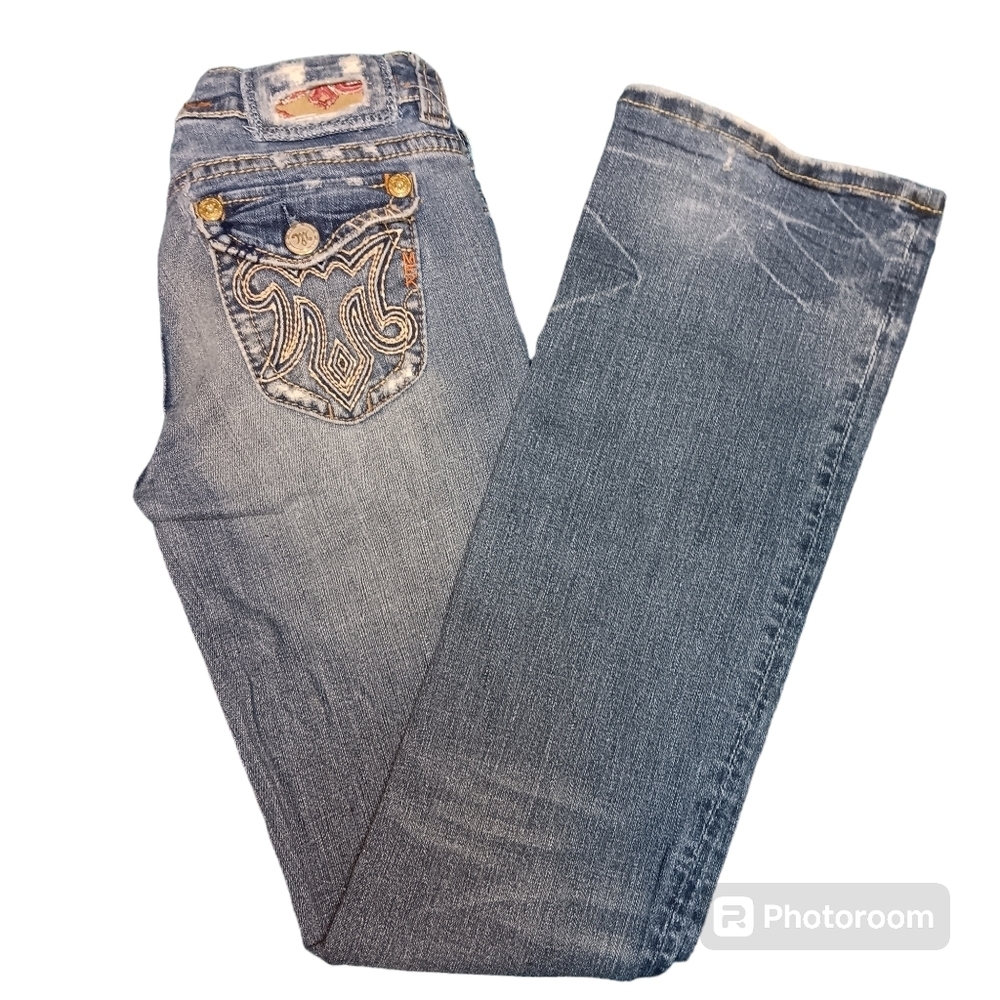MEK Jeans Women's Size 27/34 Low Rise Bootcut Decorative Stitching DISTRESSED